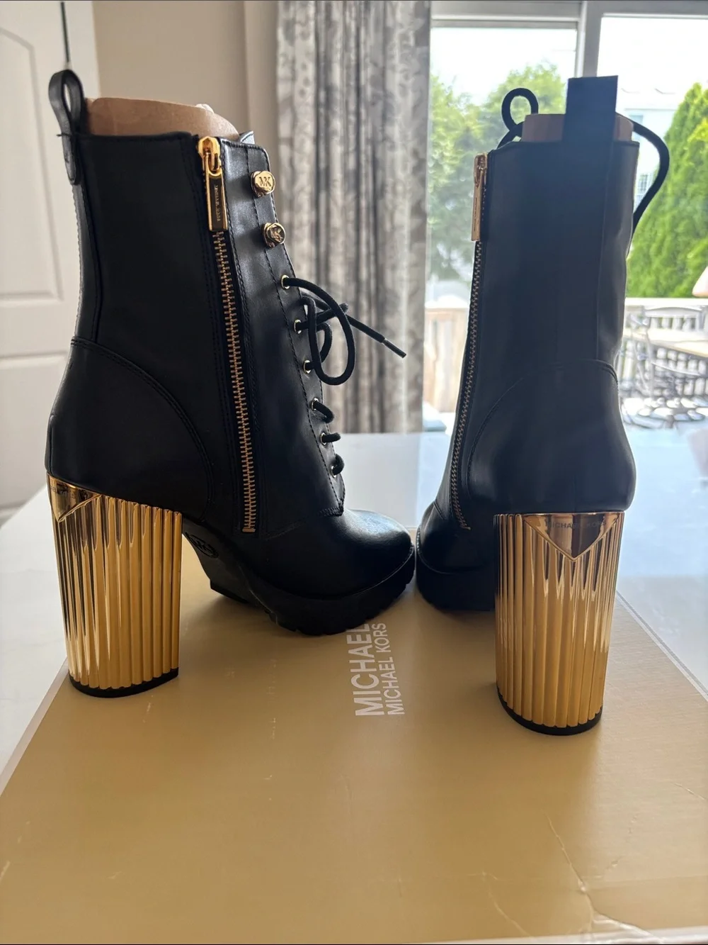 Michael Kors Black Leather Porter Lace-Up Ankle Boots with Gold Heel